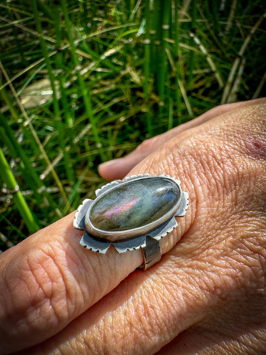 Pink Labradorite Flower Ring, size 6